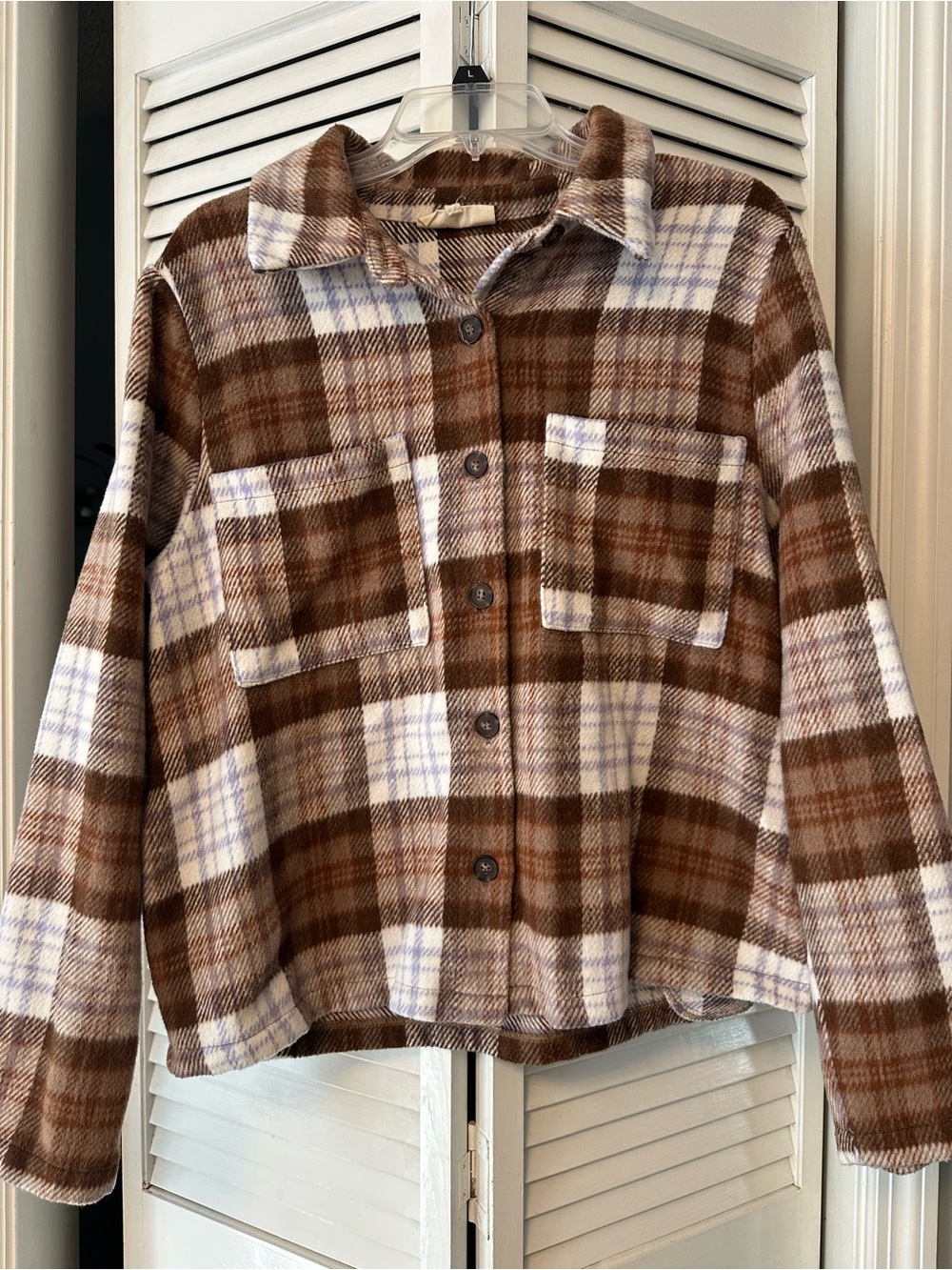 Women’s Plaid Button-Up Shacket - Brown & Cream Large